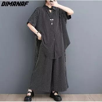 DIMANAF 2023 плюс размер комплект из двух предметов, женский шифоновый костюм в полоску с принтом Vinatge, топы и брюки, женский костюм, летний черный One Size чёрный