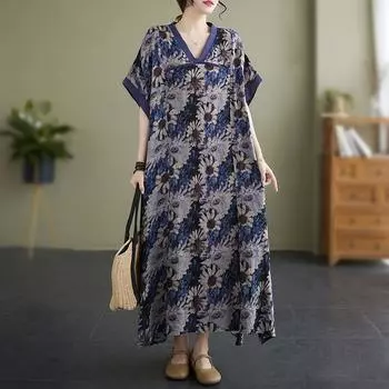 DIMANAF 2023 Плюс Размер Летняя футболка Платье с коротким рукавом с цветочным принтом Женское полосатое вязаное свободное платье Пляжные повседневные платья Однотонные женские с круглым вырезом one size темно-синий