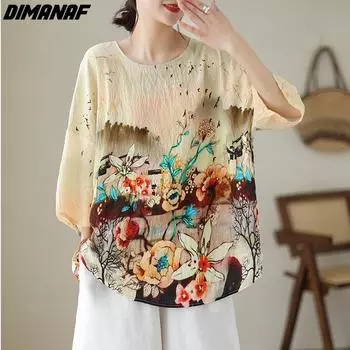 DIMANAF 2023 плюс размер, летняя новая футболка, женская свободная футболка с цветочным принтом, повседневные топы с круглым вырезом, большие размеры One Size