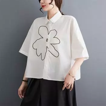 DIMANAF 2023 Плюс Размер Новая Летняя Стильная Блузка Винтаж Ретро Дизайн Повседневная Рубашка С Коротким Рукавом Женская Свободная Рубашка Рубашка с Геометрическим Принтом и Половиной Рукава