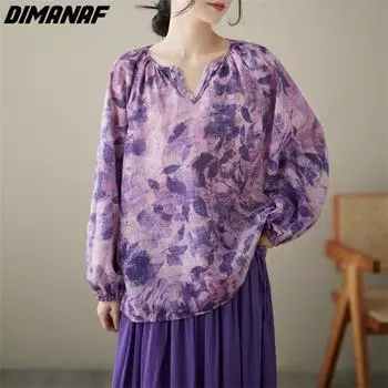 DIMANAF 2023 плюс размер, новая летняя стильная блузка, льняная Повседневная рубашка с v-образным вырезом, женская свободная рубашка, футболки летучей мыши фиолетового цвета