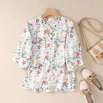 DIMANAF 2023 Плюс Размер Новая Летняя Стильная Блузка Льняная Однотонная Повседневная Рубашка с Цветочным Принтом С Коротким Рукавом Женская Свободная Рубашка Футболки Летучая Мышь ПОЛО С Половиной Рукава