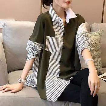 DIMANAF 2023 Плюс Размер Новая Осенняя Стильная Блузка Полосатая Повседневная Рубашка Винтаж С Длинным Рукавом Женская Свободная Рубашка На Пуговицах Рубашка ПОЛО Модная Мягкая Рубашка