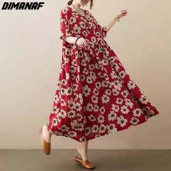 DIMANAF 2023 плюс размер, новое летнее стильное женское платье, льняное модное свободное платье с цветочным принтом, длинное платье большого размера, оверсайз