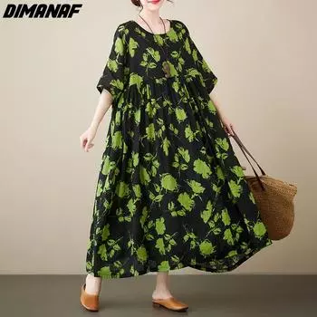 DIMANAF 2023 плюс размер, новое летнее стильное женское платье, льняное модное свободное платье с цветочным принтом, длинное платье большого размера, черное оверсайз