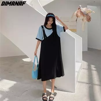 DIMANAF 2023 плюс размер, новое летнее стильное женское платье в стиле пэчворк, повседневное свободное платье, праздничное длинное платье большого размера синего цвета