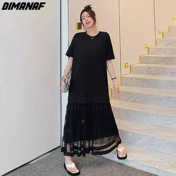 DIMANAF 2025 Plus Size Новое летнее стильное женское платье Повседневное свободное платье Праздничное пэчворк Длинное платье большого размера Черный 3XL чёрный