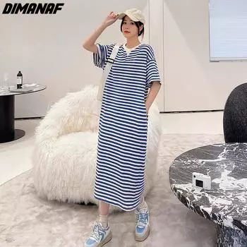DIMANAF 2023 плюс размер, новое летнее стильное женское платье в стиле пэчворк, повседневное полосатое синее свободное платье, длинное платье большого размера, черное