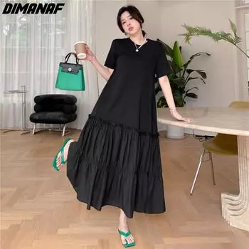 DIMANAF 2023 плюс размер, новое летнее стильное женское платье в стиле пэчворк, повседневное свободное платье, праздничное однотонное длинное платье большого размера, черное