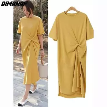 DIMANAF 2023 плюс размер, новое летнее стильное женское платье-футболка, повседневное свободное платье, праздничное длинное базовое платье большого размера желтого цвета