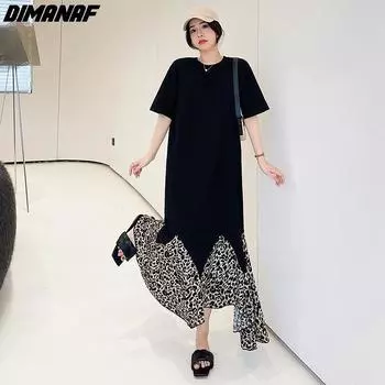 DIMANAF 2023 плюс размер, новое летнее стильное женское платье в стиле пэчворк, повседневное свободное платье, длинное платье с цветочным принтом, черный цвет