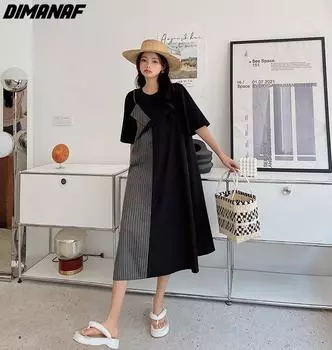 DIMANAF 2023 плюс размер, новое летнее стильное женское платье-футболка, лоскутное повседневное свободное платье, длинное платье в Корейском стиле, черный цвет оверсайз