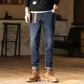 DIMANAF 2023 Плюс Размер Новые Зимние Осенние Джинсы Длинные Брюки Синие Мужчины Эластичный Талия Повседневные Высокая Талия Толстые Базовый Стиль Свободные Модные Мужские Брюки