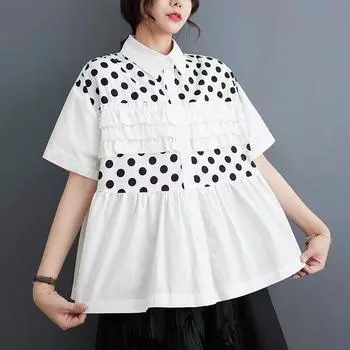 DIMANAF 2023 Плюс Размер Новый Летний Стиль С Коротким Рукавом Волнообразным Принтом Повседневная Рубашка Женская Свободная Рубашка Футболки Летучая Мышь Геометрический Принт ПОЛО С Половиной Рукава