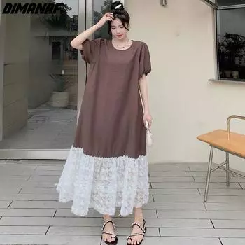 DIMANAF 2023 Плюс Размер Женское Летнее Повседневное Длинное Платье Негабаритного Свободного Кружевного Платье С Коротким Рукавом