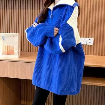 DIMANAF 2023, свитера, зима-осень, женский пуловер на молнии, вязаный водолазка с длинными рукавами, синий, белый, свободный свитер One Size синий