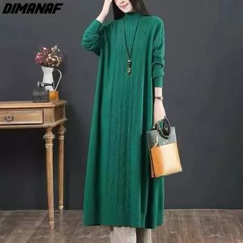 DIMANAF 2023 весеннее платье женский большой размер вязаный свитер свободное повседневное элегантное женское длинное платье зеленого цвета
