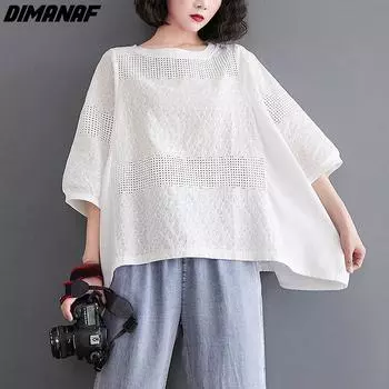 DIMANAF 2023, весенняя кружевная блузка больших размеров, повседневная рубашка, женская одежда с принтом, белая свободная футболка с длинными рукавами