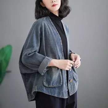 DIMANAF 2023, весенняя рубашка, джинсовое пальто, повседневная рубашка с длинным рукавом, женская клетчатая рубашка на пуговицах, свободные синие лоскутные винтажные топы с капюшоном XL синий