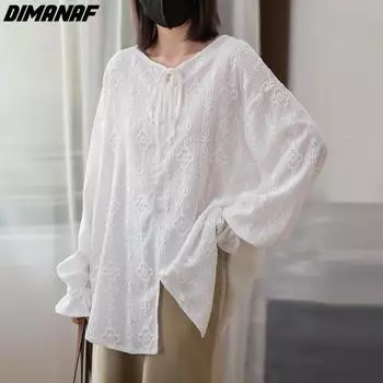 DIMANAF 2023, весенняя женская блузка больших размеров, однотонные кружевные топы с круглым вырезом, футболки, свободная повседневная рубашка оверсайз, белый, черный