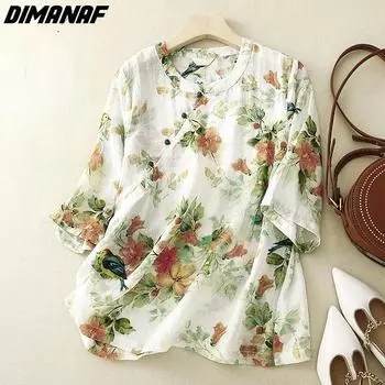 DIMANAF 2023 женская блузка больших размеров футболка повседневные топы свободные винтажные летние цветочные рубашки с коротким рукавом модная рубашка