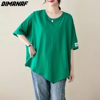 DIMANAF 2023 женская футболка больших размеров повседневные топы свободные однотонные с круглым вырезом летняя модная зеленая футболка с короткими рукавами One Size чёрный