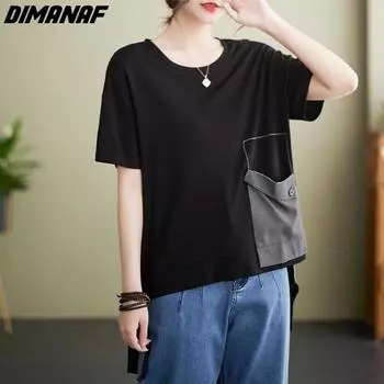DIMANAF 2023 женская футболка больших размеров повседневные топы свободная клетчатая лоскутная футболка с круглым вырезом черная летняя белая рубашка с коротким рукавом XL белый