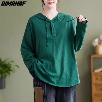 DIMANAF 2023 женская футболка больших размеров повседневные топы однотонная толстовка свободная с круглым вырезом черная летняя зеленая рубашка с длинными рукавами XL белый