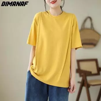 DIMANAF 2023 женская футболка повседневные топы однотонные свободные футболки с круглым вырезом винтажные летние с коротким рукавом желтый розовый большой размер