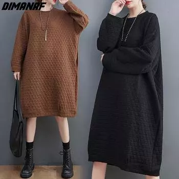 DIMANAF 2023 женская одежда зима-осень оверсайз хлопковое платье водолазка свободное повседневное винтажное платье с карманами пуловер