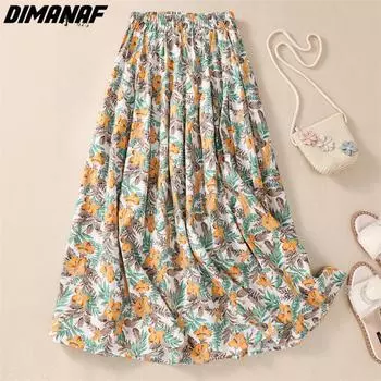 DIMANAF 2023 Женская юбка Лето Однотонная Черная А-силуэт Большой размер Шнурк Эластичная Талия Цветочная Юбка Свободная