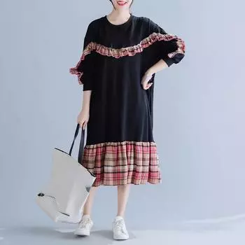 DIMANAF 2023, женское длинное платье, зимнее платье большого размера в клетку с принтом, толстовки и свитшоты больших размеров, свободное женское платье трапециевидной формы из хлопка