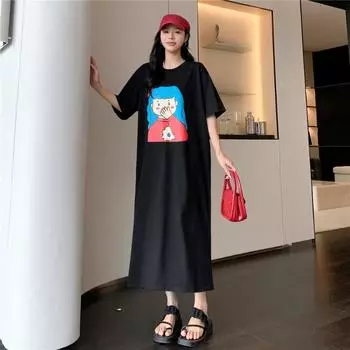 DIMANAF 2023 Женское летнее длинное платье с большими карманами и разрезом с короткими рукавами и принтом