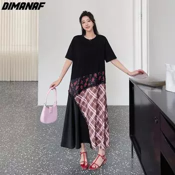 DIMANAF 2023, женское летнее длинное платье больших размеров, черное кружевное платье с цветочным принтом и короткими рукавами, женское платье XL чёрный