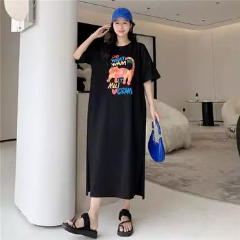 DIMANAF 2023 Женское летнее длинное платье с большими карманами и разрезом с короткими рукавами и принтом