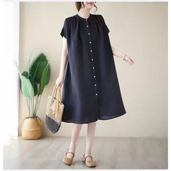 DIMANAF 2023 Женское летнее легкое чистое льняное платье из хлопка с короткими рукавами в японском стиле