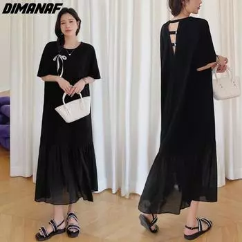 DIMANAF 2023 женское летнее новое длинное платье больших размеров со свободной спиной, хлопковое платье-рубашка с вырезами, элегантная женская одежда