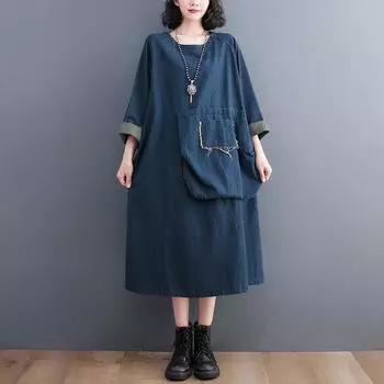 DIMANAF 2023 женское летнее платье больших размеров однотонное модное повседневное джинсовое базовое длинное платье хлопковое винтажное свободное синее платье M синий
