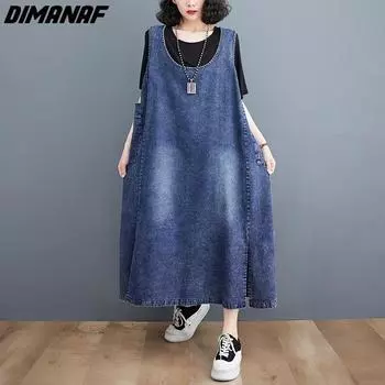 DIMANAF 2023 женское летнее платье однотонное белое повседневное женское джинсовое длинное платье из хлопка и льна большого размера одежда M синий
