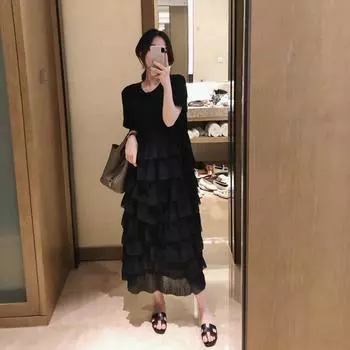 DIMANAF 2023 женское летнее платье в корейском стиле в стиле ретро, тонкое маленькое черное платье с круглым вырезом и короткими рукавами для женщин XL чёрный