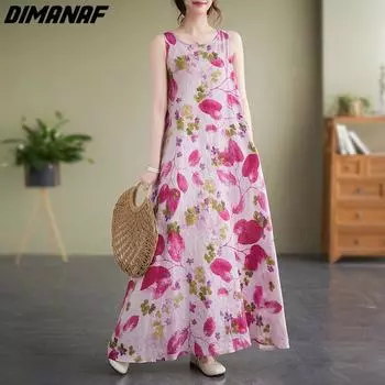 DIMANAF 2023 женское летнее платье женское длинное платье с цветочным принтом из хлопка и льна с большим принтом и цветочным принтом, одежда больших размеров M розовый