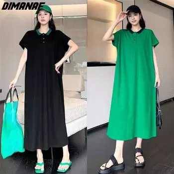 DIMANAF 2023, женское летнее повседневное длинное платье больших размеров, свободное черное, зеленое, хлопковое платье-рубашка с короткими рукавами L чёрный
