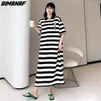 DIMANAF 2023, женское летнее повседневное длинное платье больших размеров, свободное черное полосатое хлопковое платье-рубашка с короткими рукавами