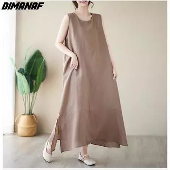 DIMANAF 2023 женское летнее свободное платье трапециевидной формы большого размера, длинное платье из хлопка и льна без рукавов, однотонное платье L чёрный