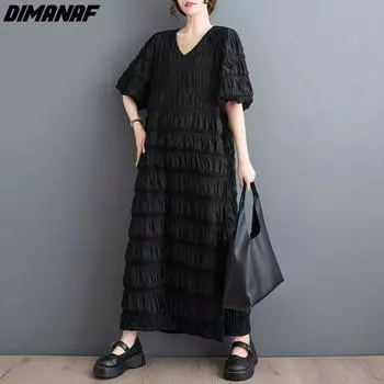 DIMANAF 2023, женское платье больших размеров, летний новый модный пуловер, прямое свободное длинное платье, плиссированное черное элегантное