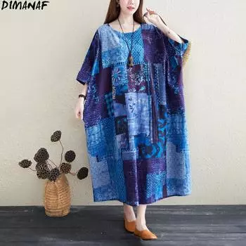 DIMANAF 2023, женское платье больших размеров, льняное платье с цветочным принтом, пляжный праздничный летний сарафан, платье макси, свободный дизайн, синее длинное платье 5XL One Size синий