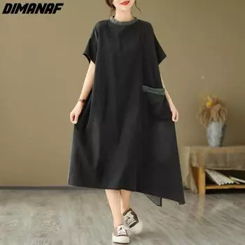 DIMANAF 2023 женское платье летнее свободное платье больших размеров повседневное джинсовое платье с короткими рукавами нестандартной формы винтажное хлопковое платье