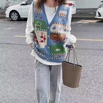 DIMANAF 2023 Жилет больших размеров Большие размеры Осенние женские свитера с цветочным принтом Вязание с v-образным вырезом Модные пуговицы Oversize Базовый повседневный стиль Свободный свитер Пальто One Size темно-синий