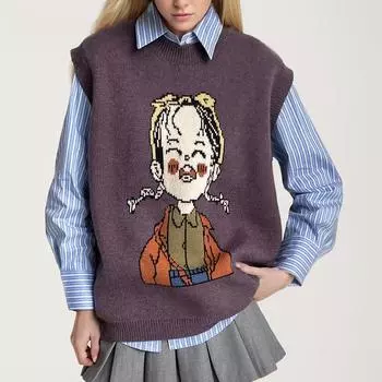 DIMANAF 2023 Жилет больших размеров большого размера Осенние женские свитера с узором и принтом Вязание Модные свободные свитера больших размеров Фиолетовый Базовый повседневный стиль Свободный свитер