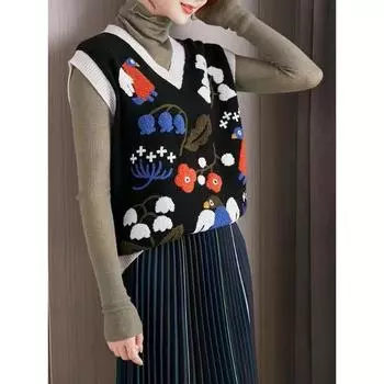 DIMANAF 2023 Жилет больших размеров Большие размеры Осенние женские свитера с цветочной вышивкой Вязание Модные свободные свитера больших размеров Красный Базовый повседневный стиль Свободный свитер